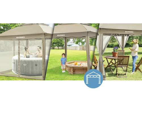 Altánok Marimex s rodinou vo vírivke, dieťaťom v pieskovisku a ženou so záhradným nábytkom