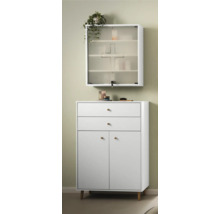 Biela kúpeľňová skrinka so zásuvkami, dvierkami a závesnou skrinkou