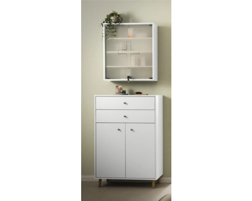 Biela kúpeľňová skrinka so zásuvkami, dvierkami a závesnou skrinkou