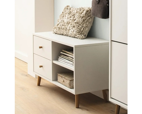 Šatníková lavica so zásuvkami, úložnými priehradkami a vankúšom