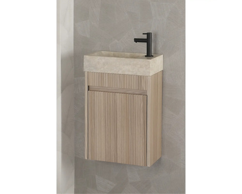 Umývadlo so skrinkou, batériou a drevenou štruktúrou