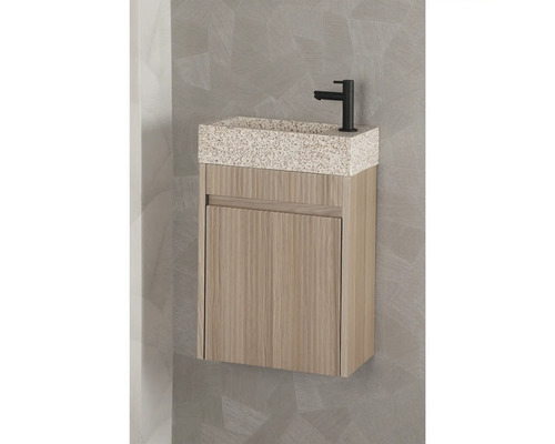 Umývadlo so skrinkou, umývadlová doska v štýle terazzo a čierna armatúra