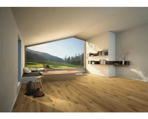 Svetlá miestnosť s drevenou podlahou, knižnicami a veľkým oknom s výhľadom na zelenú krajinu