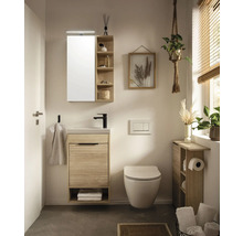 Svetlá kúpeľňa s umývadlom, zrkadlovou skrinkou, toaletou a policami v prírodnom dizajne