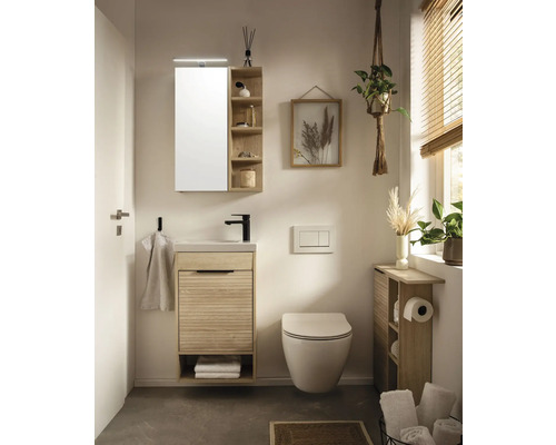 Svetlá kúpeľňa s umývadlom, zrkadlovou skrinkou, toaletou a policami v prírodnom dizajne