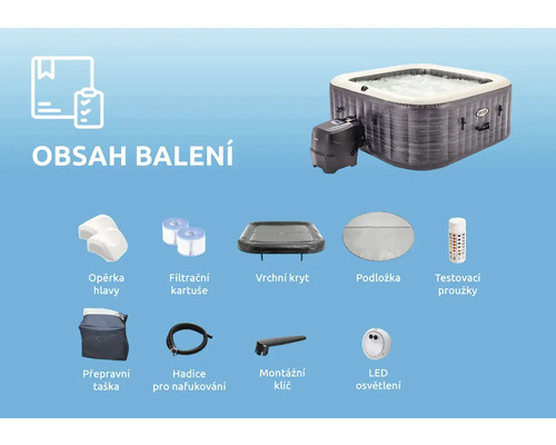 Obsah balenia pre nafukovací vírivku s príslušenstvom, ako je opierka hlavy, filtračná kartuša, kryt, podložka, testovacie prúžky, prepravná taška, hadica na nafukovanie, montážny kľúč a LED osvetlenie