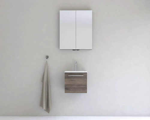 Moderná kúpeľňová súprava so zrkadlovou skrinkou, umývadlovou skrinkou a háčikom na uteráky