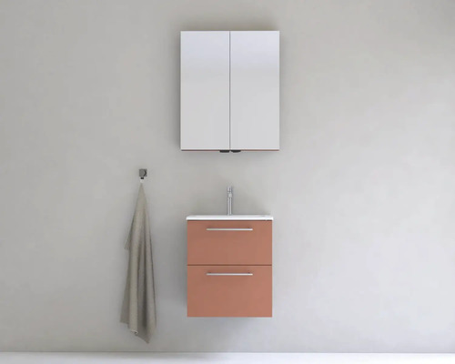 Kúpeľňa s umývadlovou skrinkou, umývadlom, zrkadlovou skrinkou a držiakom na uteráky.