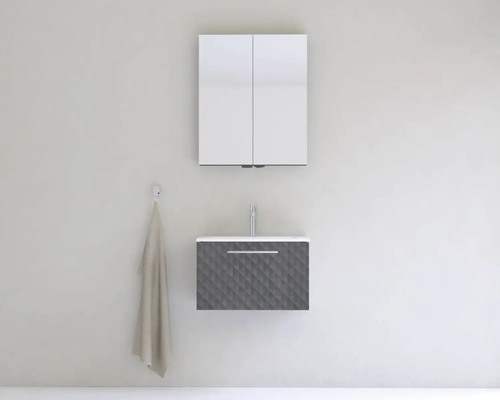 Umývadlová zostava so zrkadlovou skrinkou, umývadlom, batériou a uterákom