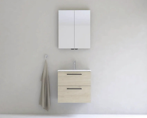 Umývadlo s umývadlovou skrinkou, umývadlovou batériou a zrkadlovou skrinkou v kúpeľni