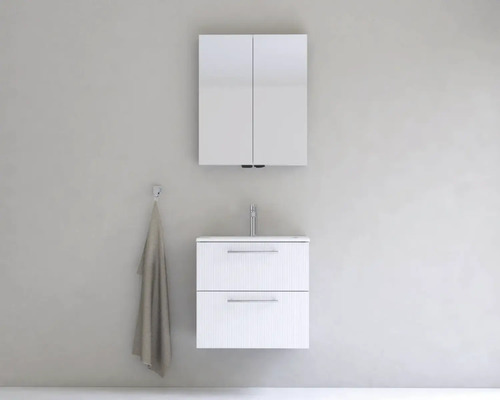 Moderná kúpeľňová súprava s umývadlovou skrinkou, umývadlom a zrkadlovou skrinkou