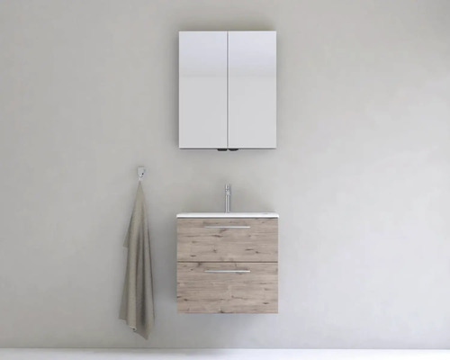 Kúpeľňová umývadlová zostava so zrkadlovou skrinkou a uterákom