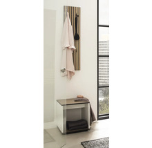 Kúpeľňová scéna s šatníkovým panelom, lavicou a uterákmi pre usporiadané prostredie.