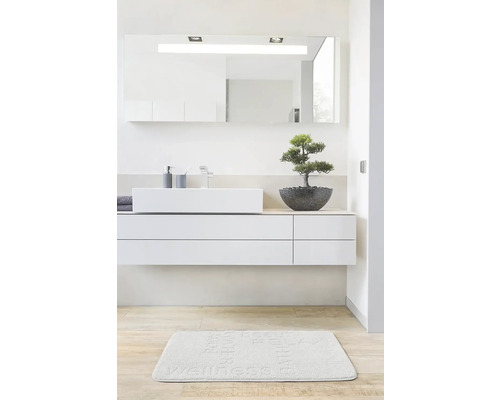 Kúpeľňa s umývadlom, zrkadlom, skrinkou pod umývadlo a kúpeľňovým kobercom