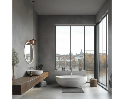 Moderná kúpeľňa s voľne stojacou vaňou, umývadlom na doske a veľkým oknom s výhľadom na mesto