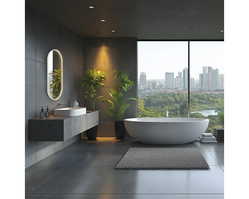 Moderná kúpeľňa s voľne stojacou vaňou, umývadlom a osvetleným zrkadlom pred panoramatickým oknom s výhľadom na mesto.