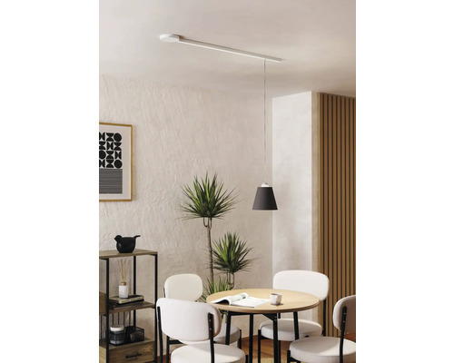 Jedáleň s jedálenským stolom, stoličkami, izbovou rastlinou a dvoma stropnými svietidlami