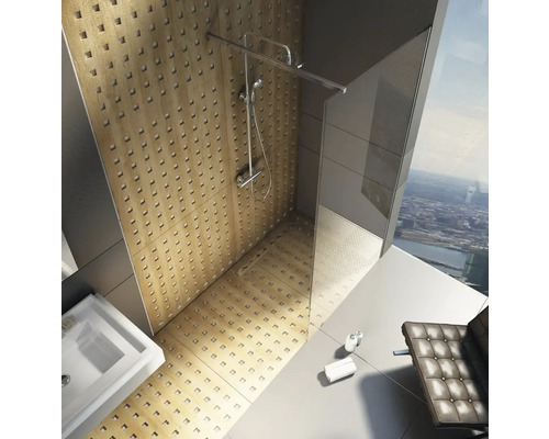 Moderná kúpeľňa so sprchou, umývadlom a kreslom