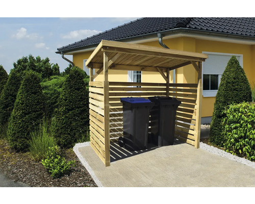 Drevený box na smetiaky s dvoma smetiakmi na dvore