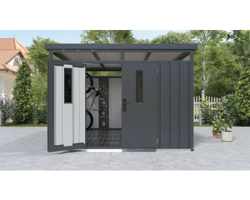 Kovový záhradný domček s otvorenými dverami a bicyklami