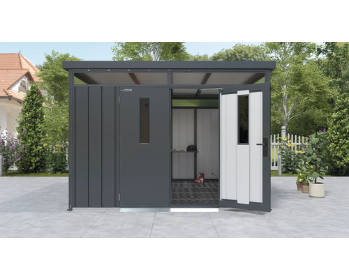 Kovový záhradný domček s otvorenými dverami a výhľadom dovnútra