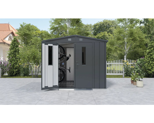 Kovová záhradná chatka s otvorenými dverami a bicyklami vnútri