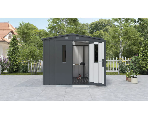 Kovová záhradná búda s otvorenými dverami a oknom