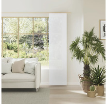 Svetlá obývacia izba s pohovkou, izbovými rastlinami a posuvným závesom v okne