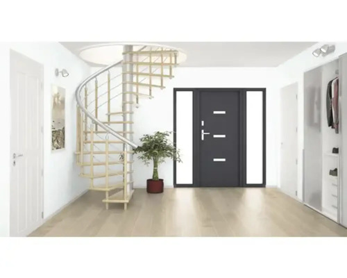 Svetlá hala s dreveným schodiskom, vchodovými dverami a šatníkom