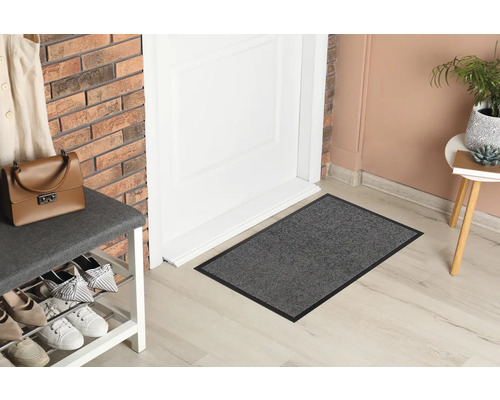 Scéna s rohožkou pred dverami, botníkom a dekoratívnymi predmetmi.