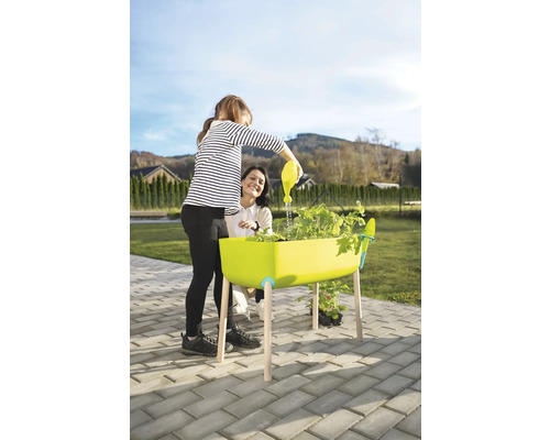 Osoba zalieva rastliny vo vyvýšenom záhone pomocou kanvy, zatiaľ čo druhá osoba sa pozerá. Záhradníčenie vonku.