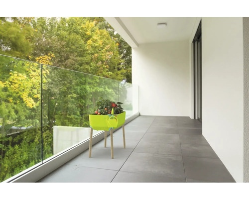 Balkónová scéna s pestovateľským stolom so zeleninou a kanvou