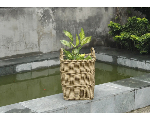 Dekoratívny ratanový kôš na rastliny s rastlinami na kamennej terase