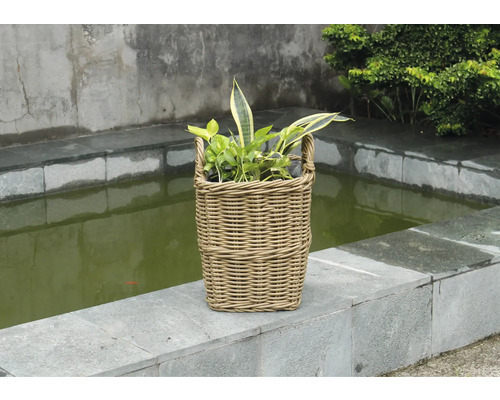 Prútený kôš na rastliny s rastlinami pred záhradným jazierkom