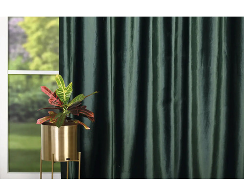 Dekoratívna izba s izbovou rastlinou v zlatom kvetináči a závesom