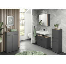 Moderná kúpeľňa so sivým kúpeľňovým nábytkom, umývadlom, zrkadlovou skrinkou a nástennou dekoráciou