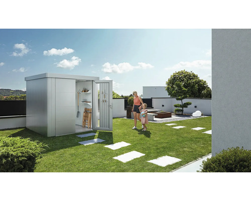 Záhradná scéna s domčekom na náradie, matkou a dieťaťom na trávniku