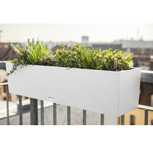 Biely balkónový kvetináč s bylinkami na zábradlí balkóna