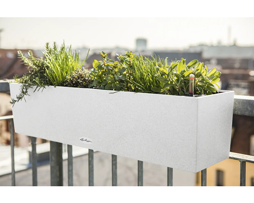 Biely balkónový kvetináč s bylinkami na zábradlí balkóna