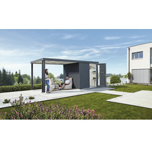 Moderná záhrada s pavilónom, záhradným domčekom, posedením a upraveným trávnikom