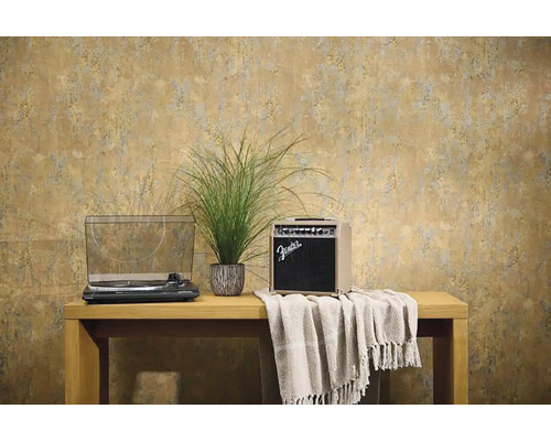 Interiér s gramofónom, zosilňovačom Fender, okrasnou trávou a vzorovanou tapetou