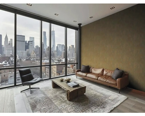 Obývacia izba s koženou pohovkou, kreslom, dreveným stolom a výhľadom na panorámu mesta