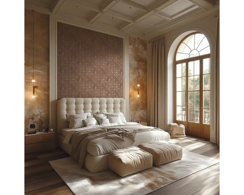 Spálňa s posteľou, nočným stolíkom a veľkým oknom