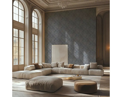 Svetlá obývacia izba s modulárnou rohovou sedacou súpravou, pufmi a veľkými oknami