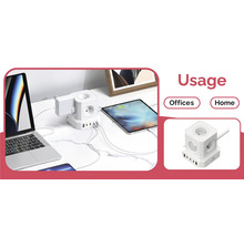 Rozbočovacia zásuvka s portami USB používaná s elektronickými zariadeniami na stole