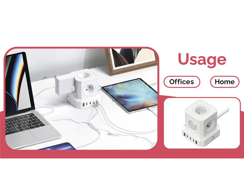 Rozbočovacia zásuvka s portami USB používaná s elektronickými zariadeniami na stole