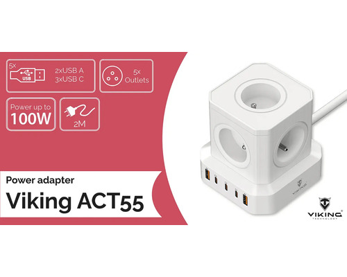Napájací adaptér Viking ACT55 s piatimi zásuvkami, dvoma USB-A a tromi USB-C portami