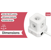 Biela kocka so zásuvkami s vypínačom, LED indikátorom napájania a výkonom až 100 W
