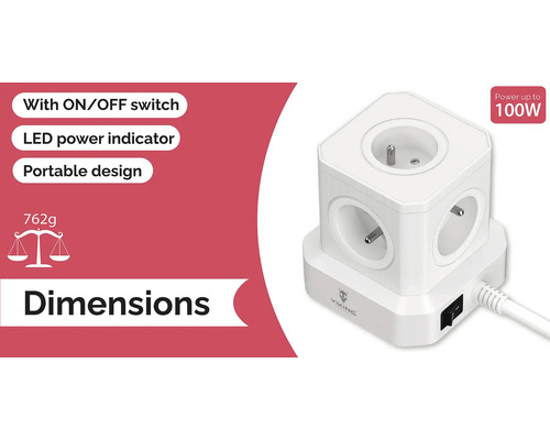 Biela kocka so zásuvkami s vypínačom, LED indikátorom napájania a výkonom až 100 W