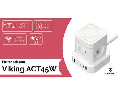 Napájací adaptér Viking ACT45W s USB portami a funkciou bezdrôtového nabíjania